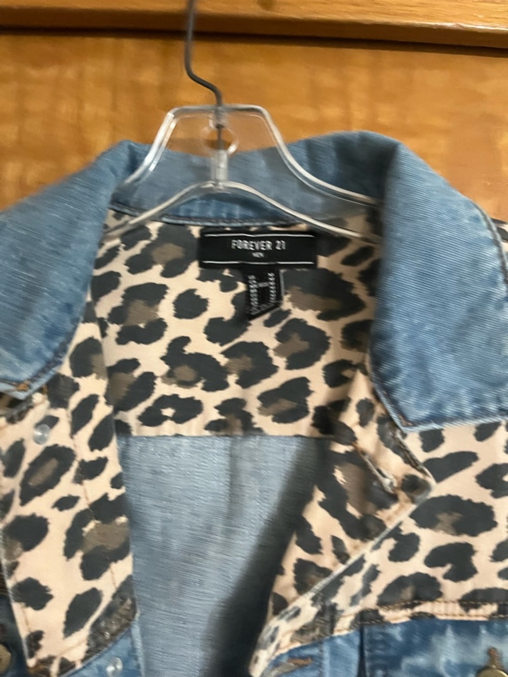 Forever 21 Light Blue Denim Jacket with Leopard Yoke - Picture 2 of 3